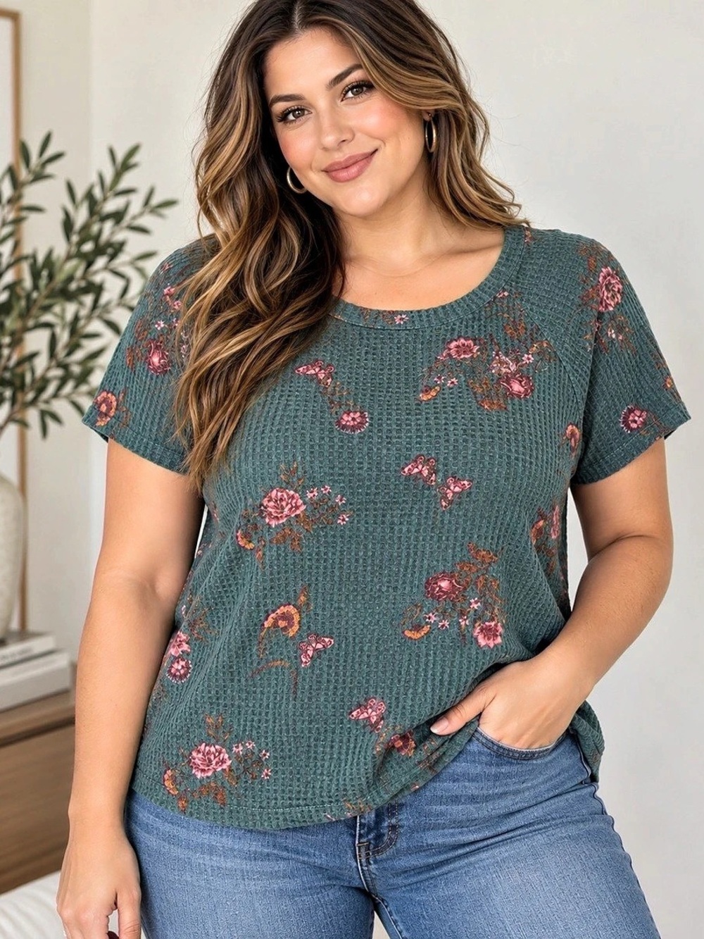 Torrid Size 1 Green Floral Waffle Knit Top Short Sleeve Boho Casual Plus Size